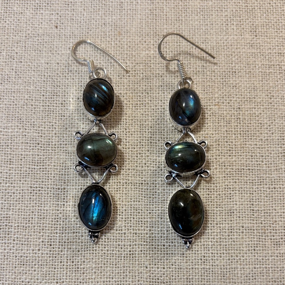 Labradorite Triple Stone Drop Earrings - Silver Tone